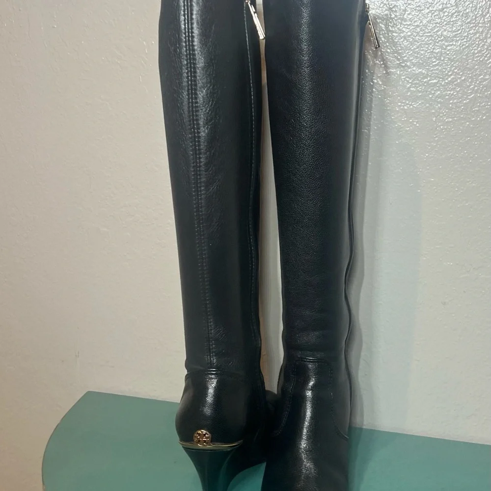 Tory Burch Black Over the Knee Boots with Gold Detail